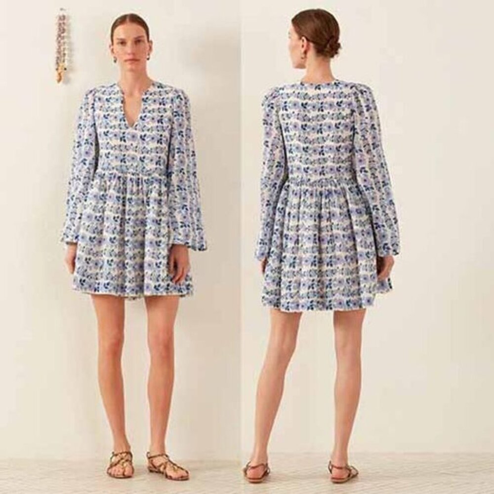 NEW Alix of Bohemia Silvie Iris Ivy Flared Sleeve Cotton Mini Dress Blue Size: M